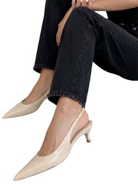 US 7.5 NWT Zara Cream Beige Slingback Kitten Heels